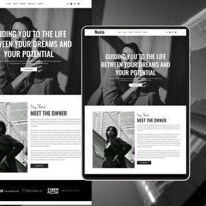 May include: A website design displayed on a laptop and tablet, featuring a black and white aesthetic. The website's header includes the name "Nuvia" and the tagline "Guiding you to the life between your dreams and your potential."