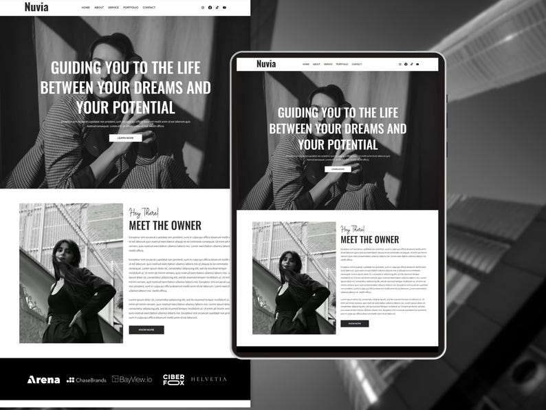 May include: A website design displayed on a laptop and tablet, featuring a black and white aesthetic. The website's header includes the name "Nuvia" and the tagline "Guiding you to the life between your dreams and your potential."
