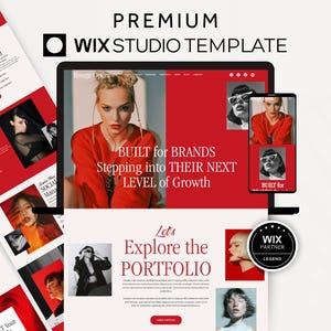 Op de afbeelding: Een website templates design met een rood en wit kleurenschema. De afbeelding toont een laptop, tablet en telefoon met website-layouts. Tekst bevat "PREMIUM WIX STUDIO TEMPLATE" en "BUILT for BRANDS Stepping into THEIR NEXT LEVEL of Growth".