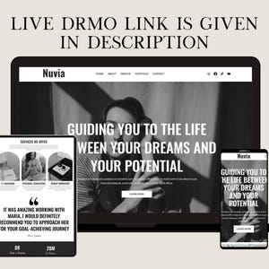 May include: A website design displayed on a laptop, tablet, and smartphone. The website, named Nuvia, features the text "Guiding you to the life between your dreams and your potential." The tablet shows services offered, and the phone displays the website's main message.