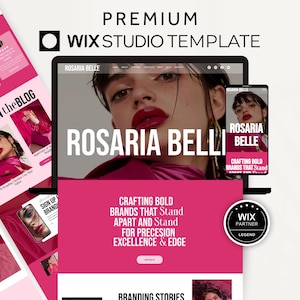 May include: A website template design featuring a pink and white color scheme. The design includes a laptop, phone, and tablet displaying the "Rosaria Belle" brand. The text "Crafting Bold Brands" is also visible.