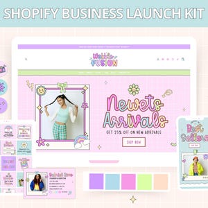 Peut inclure: Une maquette de site Web pour une entreprise appelée "Webble Fusion" avec un schéma de couleurs rose et vert. Le site Web présente une bannière avec le texte "Nouveautés" et un appel à l'action pour "Acheter maintenant". Le site Web présente également une image de produit d'une femme portant une jupe à carreaux et un haut vert. Le site Web est conçu dans un style mignon et ludique avec des graphismes de type dessin animé.