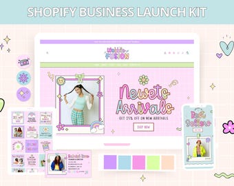 Pastel Shopify Theme Kit, Colorful Shopify Ecommerce Website Template, Groovy Business Branding, Editable Clothing Shopify Template