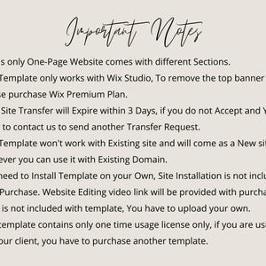 May include: A beige background with black text. The text reads "Important Notes" in a cursive font. Bullet points detail website template information, including Wix Studio compatibility, transfer expiration, and usage licenses.