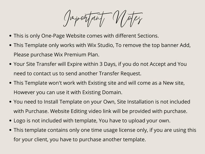May include: A beige background with black text. The text reads "Important Notes" in a cursive font. Bullet points detail website template information, including Wix Studio compatibility, transfer expiration, and usage licenses.