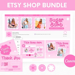 Pink Etsy Shop Bundle, Retro Etsy Store Banner Templates, Etsy Listing Template Canva, Etsy Seller Branding Kit, Bright Etsy Shop Branding