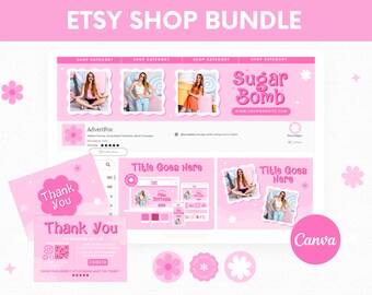 Kit de marca rosa para Etsy, plantilla de banner de Canva para Etsy en tonos pastel, maquetas de banner editables para tienda Etsy, plantilla de anuncio de tienda Etsy, diseño de tienda Etsy