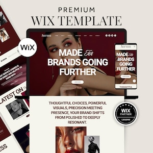 May include: A website template design displayed on a laptop and smartphone, showcasing a modern aesthetic. The text "MADE For BRANDS GOING FURTHER" is prominent. The image also includes the Wix logo and the words "PREMIUM WIX TEMPLATE".
