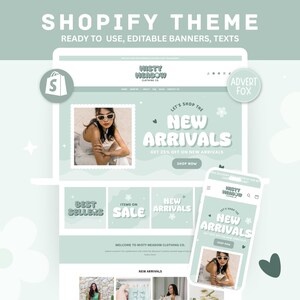 Shopify-Theme in Pastellfarben, verspielte Shopify-Website-Vorlage, bearbeitbare Shopify-Vorlage in Salbeigrün, Shopify-Canva-Banner