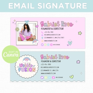Könnte beinhalten: Eine rosa und blaue E-Mail-Signaturvorlage mit einem Cartoon-Regenbogen und dem Text "Wobble Fusion". Die Signatur enthält auch ein Foto einer Person, Kontaktinformationen und Social-Media-Icons.