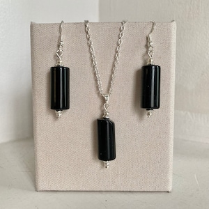 Handmade black cylindrical necklace and earrings matching set