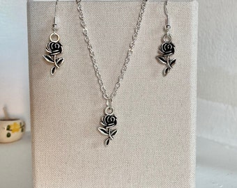 Silver tone matching rose necklace and earrings jewellery set