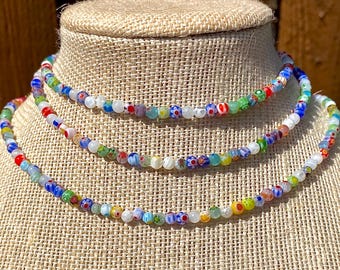 Millefiori Beaded Necklace: Flower Bead Necklace, Colorful Summer Jewelry