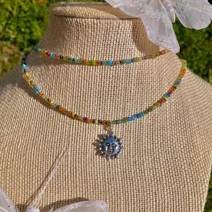 Sun Charm Seed Bead Necklace: Handmade Y2K Boho Jewelry