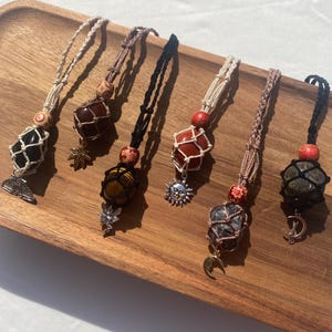 Macrame Crystal Charm Necklace: Adjustable Cotton Cord, Hippie Jewelry