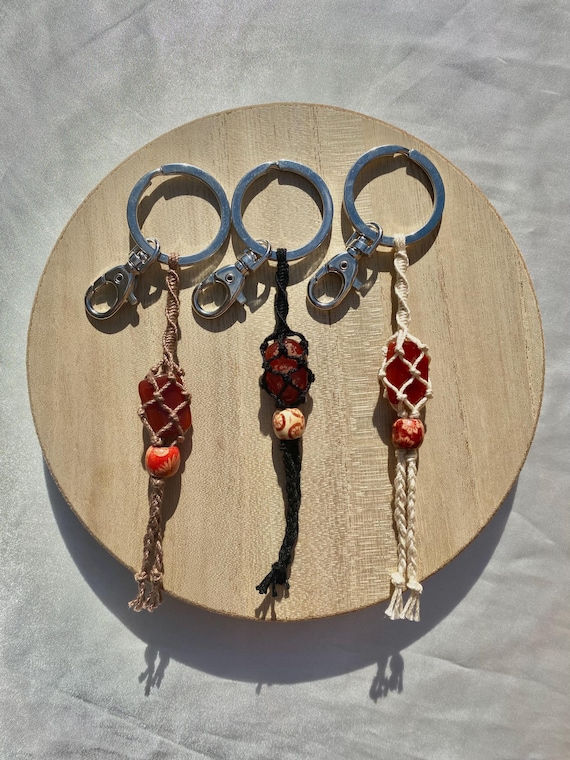 Macrame Crystal Keychain: Boho Cotton Bag Charm with Lobster Clasp