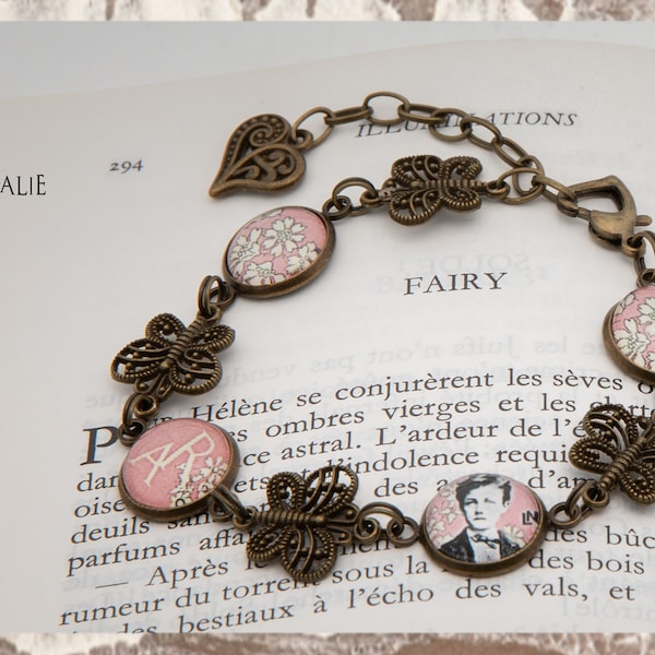 Bracelet bronze Arthur RIMBAUD connecteurs papillons bijou littéraire Rose fond liberty cabochon Collection les illuminations poème "FAIRY"