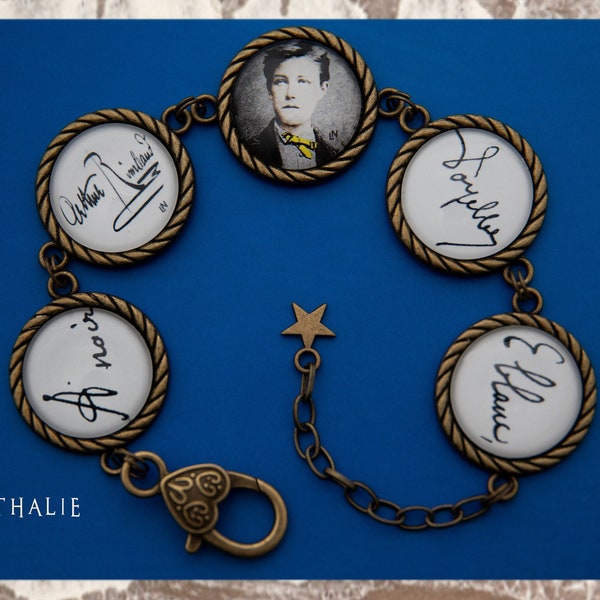 Bracelet support tressé bronze Arthur RIMBAUD bijou littéraire 5 cabochons Collection : Voyelles