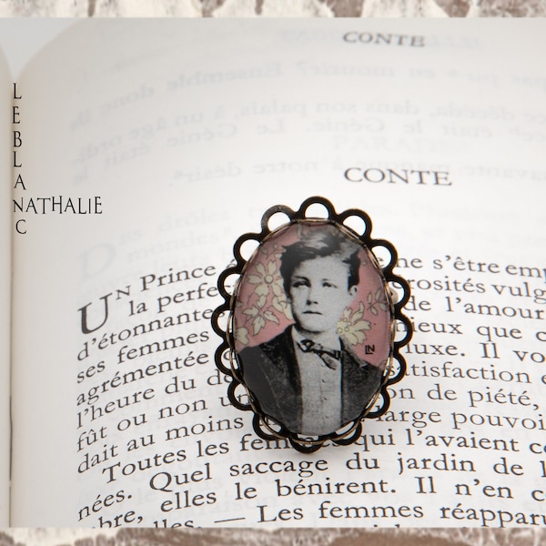 Bague bronze ovale dentelle Arthur RIMBAUD bijou littéraire Rose fond liberty cabochon Collection les illuminations poème "CONTE"