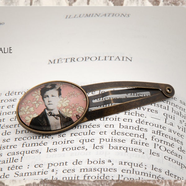 Pince attache cheveux bronze Arthur RIMBAUD bijou littéraire Rose fond liberty cabochon Collection les illuminations poème "METROPOLITAIN"