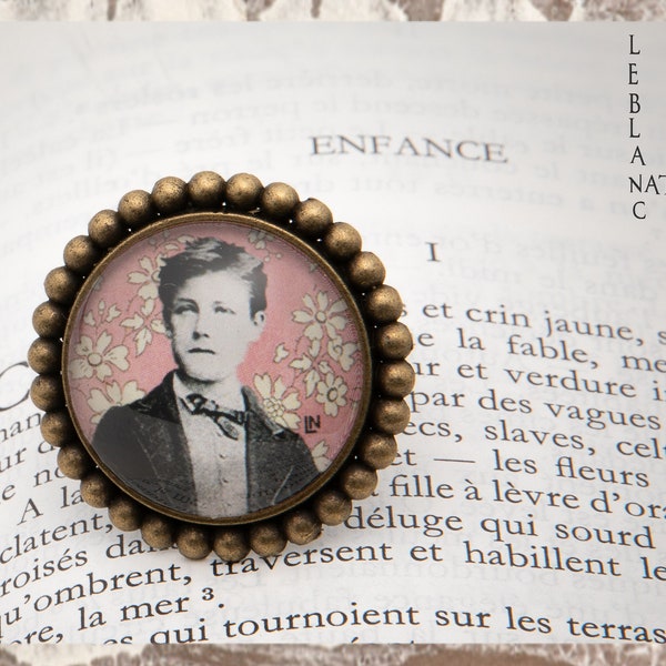 Bague bronze ronde Arthur RIMBAUD bijou littéraire Rose fond liberty cabochon Collection les illuminations poème "ENFANCE  I"