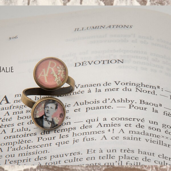 Bague bronze double cabochon Arthur RIMBAUD bijou littéraire Rose fond liberty  Collection les illuminations poème "DEVOTION"