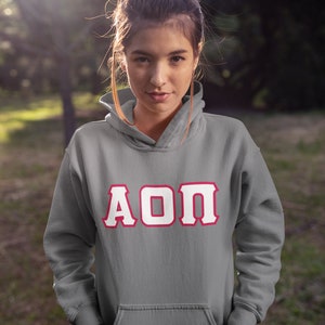 Alpha Omicron Pi Printed Letters | White with Red Border Hoodie