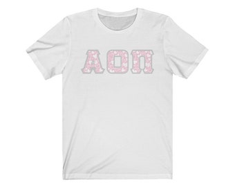 Alpha Omicron Pi Printed Sorority Letters | Chalky Hearts T-Shirt