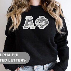Alpha Phi Printed Sorority Letters | Winter Camo Crewneck Sweatshirt