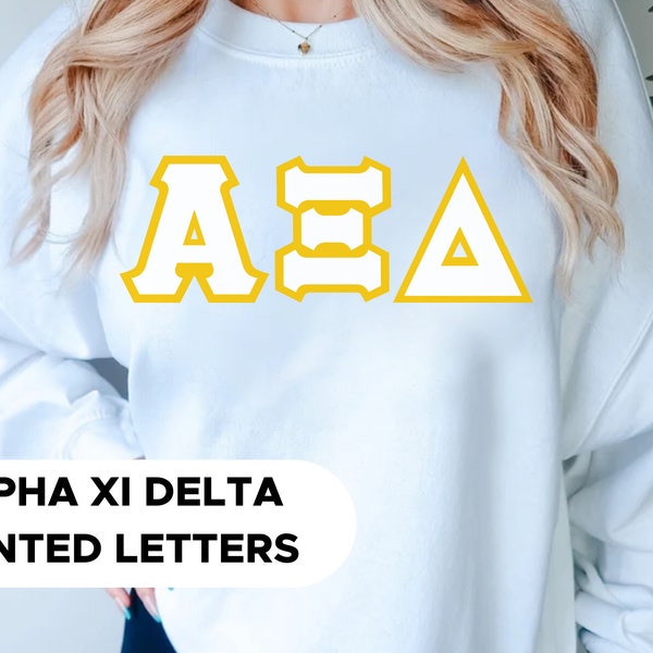 Alpha Xi Delta Printed Letters | Quill Gold & White Border Crewneck