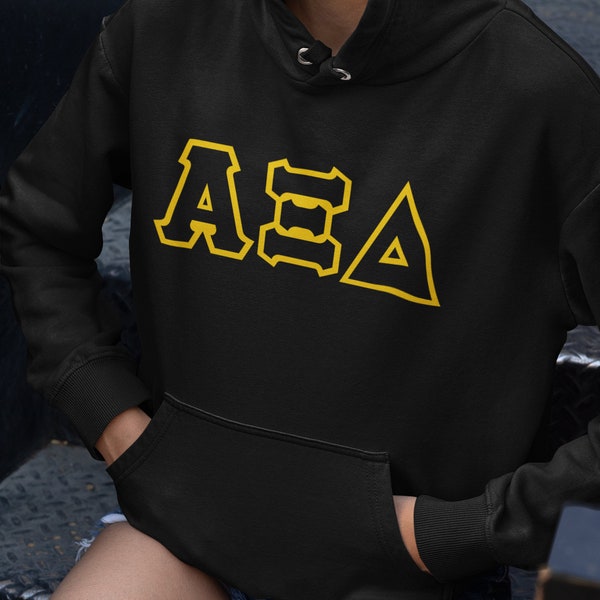 Alpha Xi Delta Print Letters | Black with Quill Gold Border Hoodie