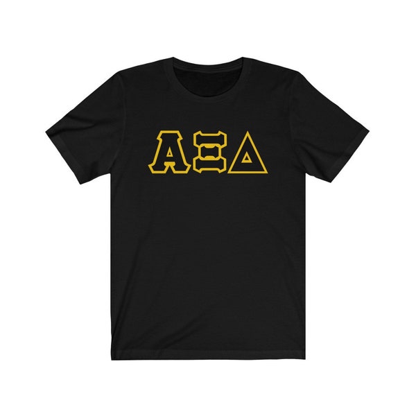 Alpha Xi Delta Print Letters | Black with Quill Gold Border T-Shirt