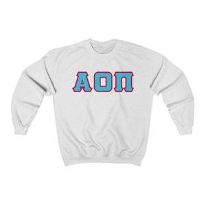 Alpha Omicron Pi Printed Sorority Letters | Cyan with Red Border Crewneck Sweatshirt