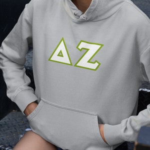 Delta Zeta Printed Sorority Letter Hoodie | White with Green Border