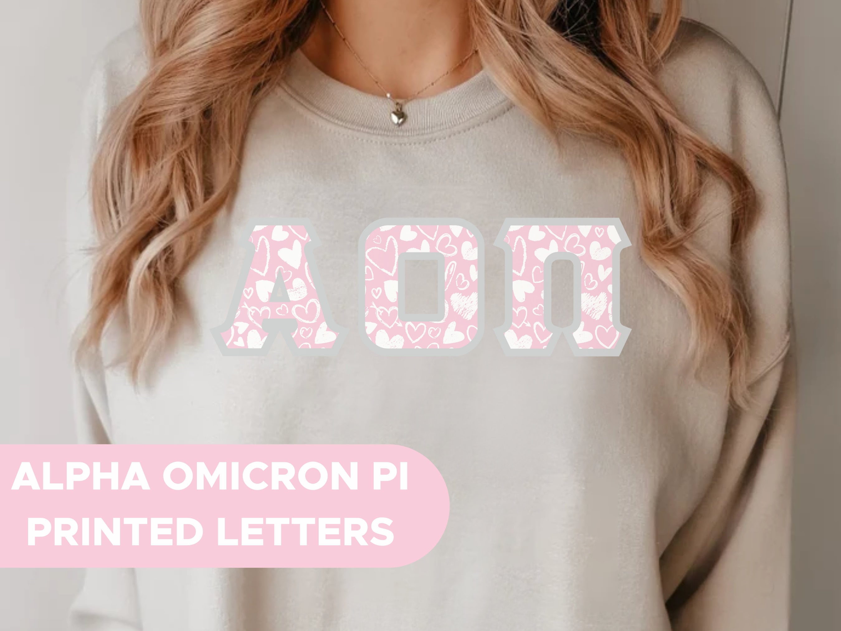 Alpha Omicron Pi Printed Sorority Letters | Chalky Hearts Crewneck Sweatshirts