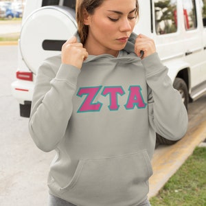 Zeta Tau Alpha Printed Letter Hoodie | Hot Pink with Turquoise Border