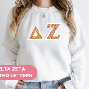 Delta Zeta Printed Sorority Letter Crewneck Sweatshirt | Pizza and Donuts