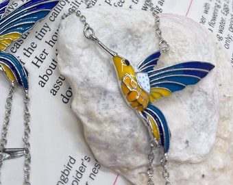 925 Sterling Silver Hummingbirds Handmade Enamel Necklace with Cubic Zirconia