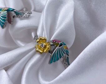 925 Sterling Silver Blue Hummingbirds Handmade Enamel Ring with Cubic Zirconia
