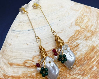 Baroque Pearl Long Chain Earrings With Flowers