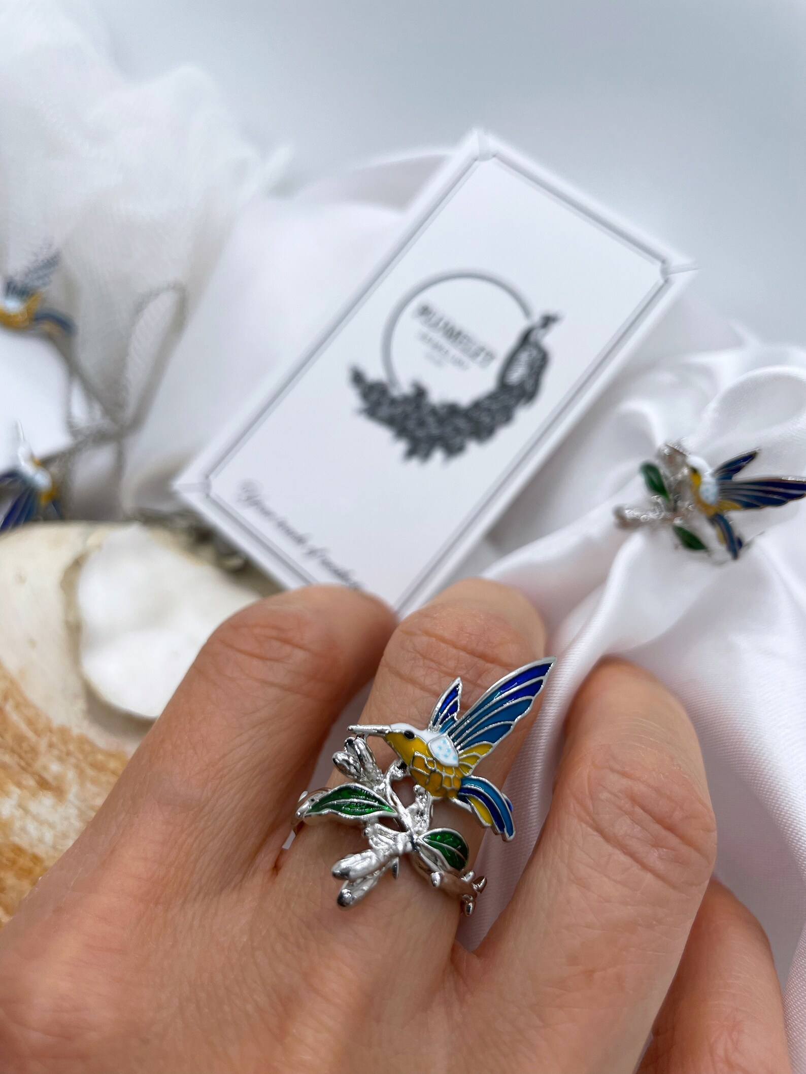 925 Sterling Silver Hummingbirds Handmade Enamel Ring With Cubic ...