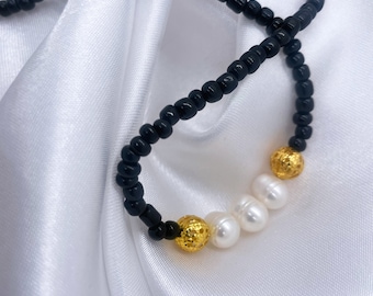 Seed Beads Black Choker With Baroque Pearls