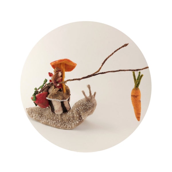 Felted wool art doll of a snail-backed elf eco-friendly eco-responsible decorative sculpture collectible doll