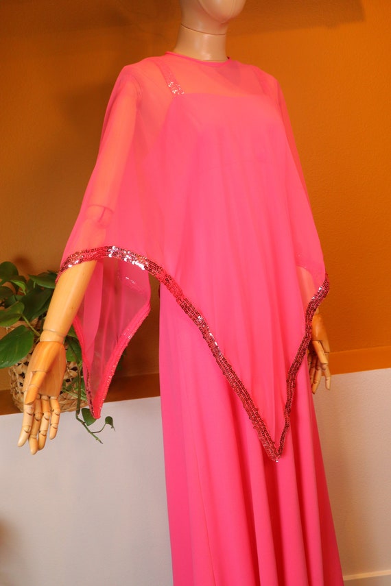 Vintage 70s 1970s Hot Pink 2pc Formal Gown, Sequi… - image 3