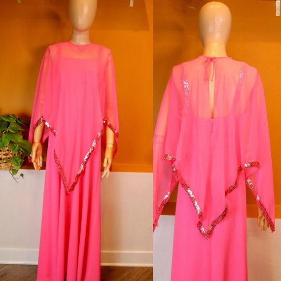 Vintage 70s 1970s Hot Pink 2pc Formal Gown, Sequi… - image 1