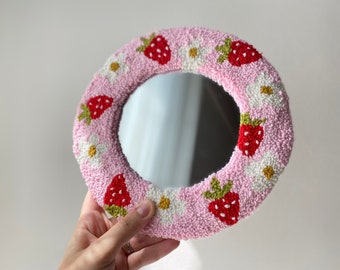 Strawberry Punch Mirror, Hanmade Pink Mirror, Tufted Minimal Mirror, Mirror for Study Room