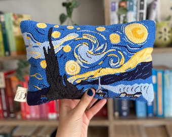 Starry Night Punch Pillow, Handmade Home Decoration, New Home Gift, Punch Needle Art, Van Goght