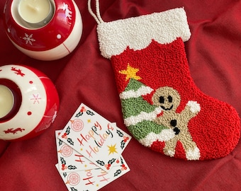 Kerstkous Punch Needle, Gingerbread Man Stocking, Handgemaakt Decor, Kerstcadeau, Kerstkousen, Vakantiekousen