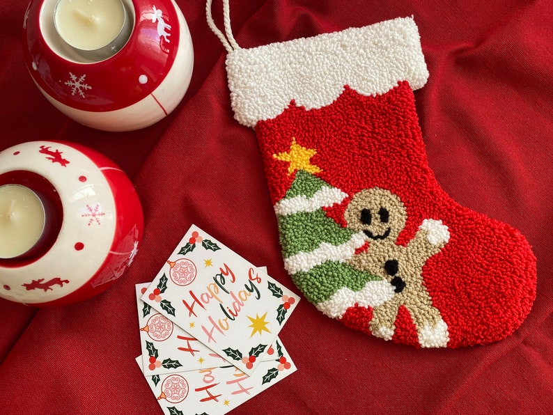 Christmas Stocking Punch Needle, Gingerbread Man Stocking, Handmade Decor, Christmas gift, Christmas Stockings, Holiday Stockings image 1