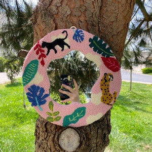 Animal Punch Needle Mirror, Tufted Pink Wall Mirror, Home Decoration, New Home Gift